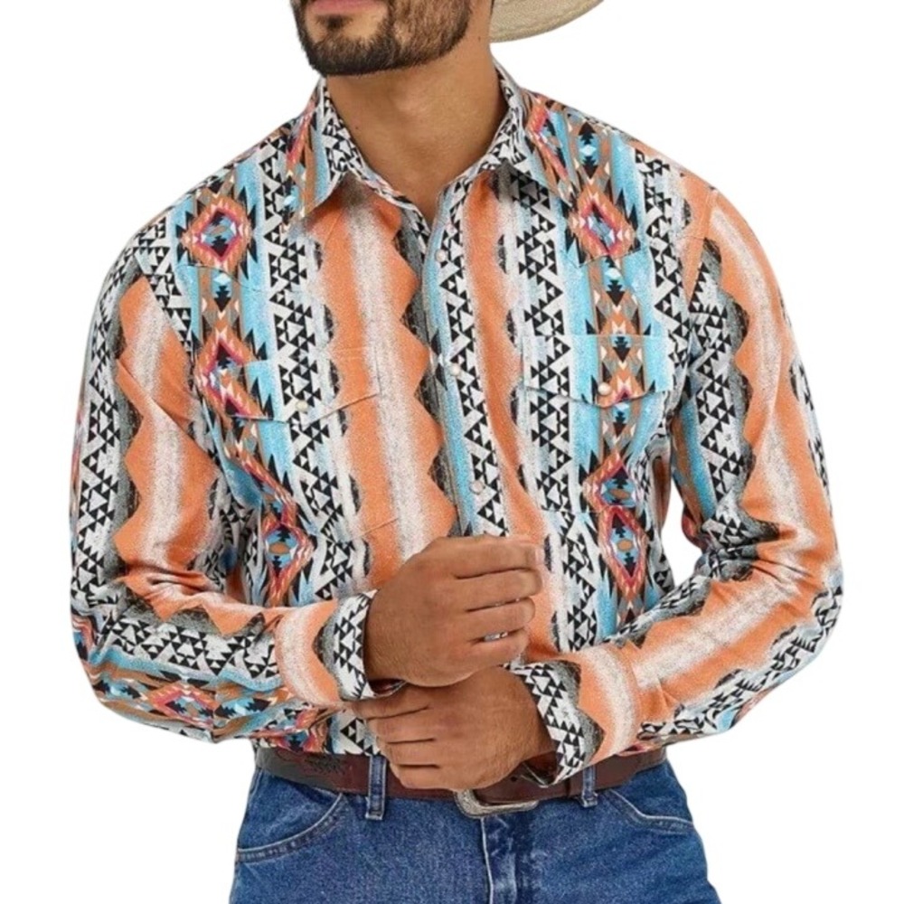 Wrangler Mens Aztec Southwestern Pearl Snap Checotah Western Shirt Orange Blue